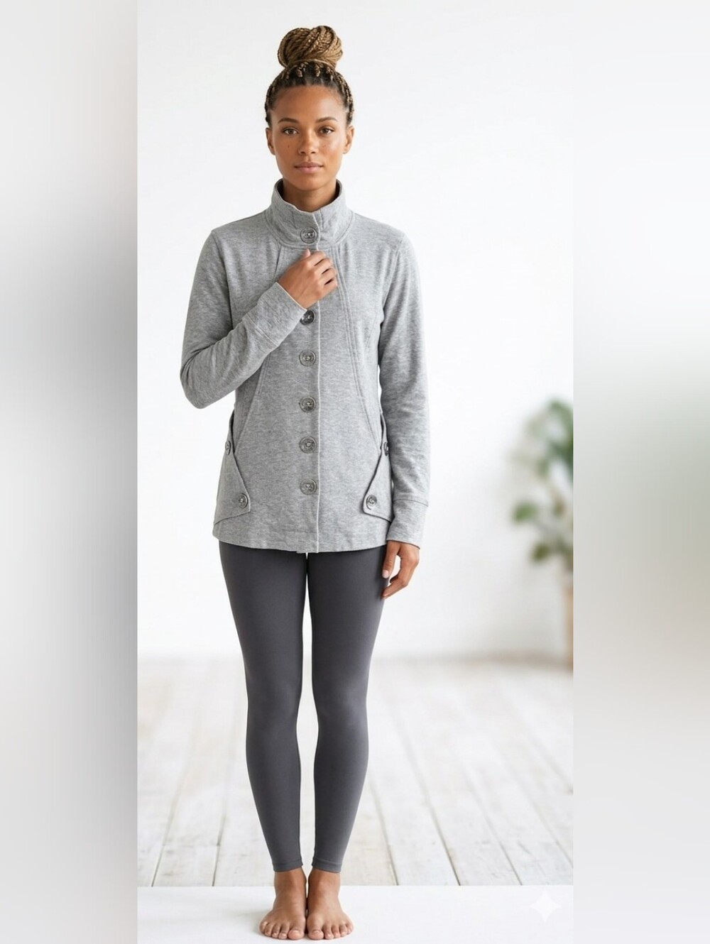 Neon Buddha Gray Button Front Jacket Cardigan Athleisure Cozy Yoga Travel